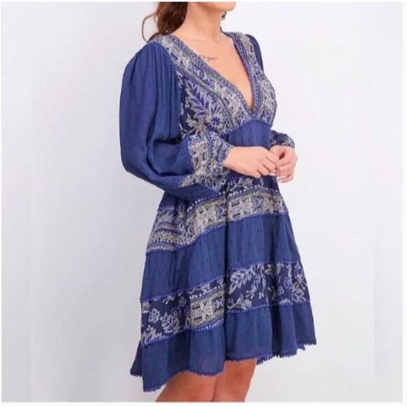 Free People XS Blue V-neck Tunic Mini Dress Sexy Babydoll Flowy Boho Festival - Picture 7 of 16